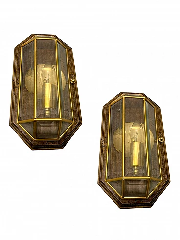 Pair of wood and brass wall sconces, 1970s