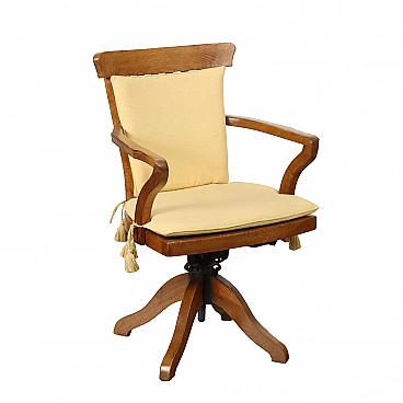 Oak wood swivel armchair with removable fabric cushions