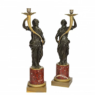 Pair of bronze and Rouge Griotte marble torch holders, early 20th century