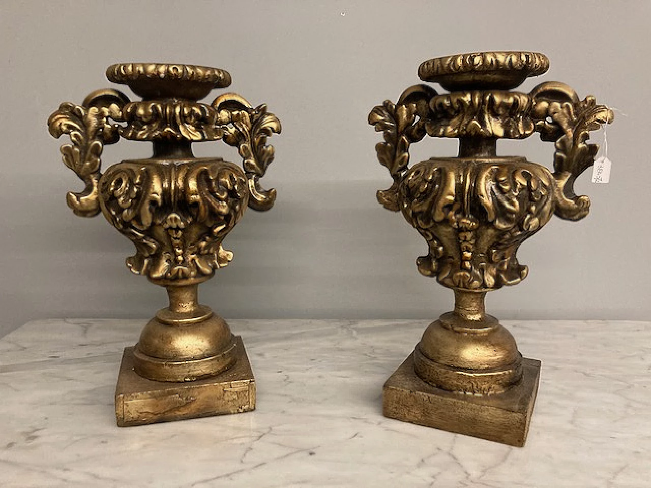 Pair of gilded carved wooden palm vases, 19th century 1