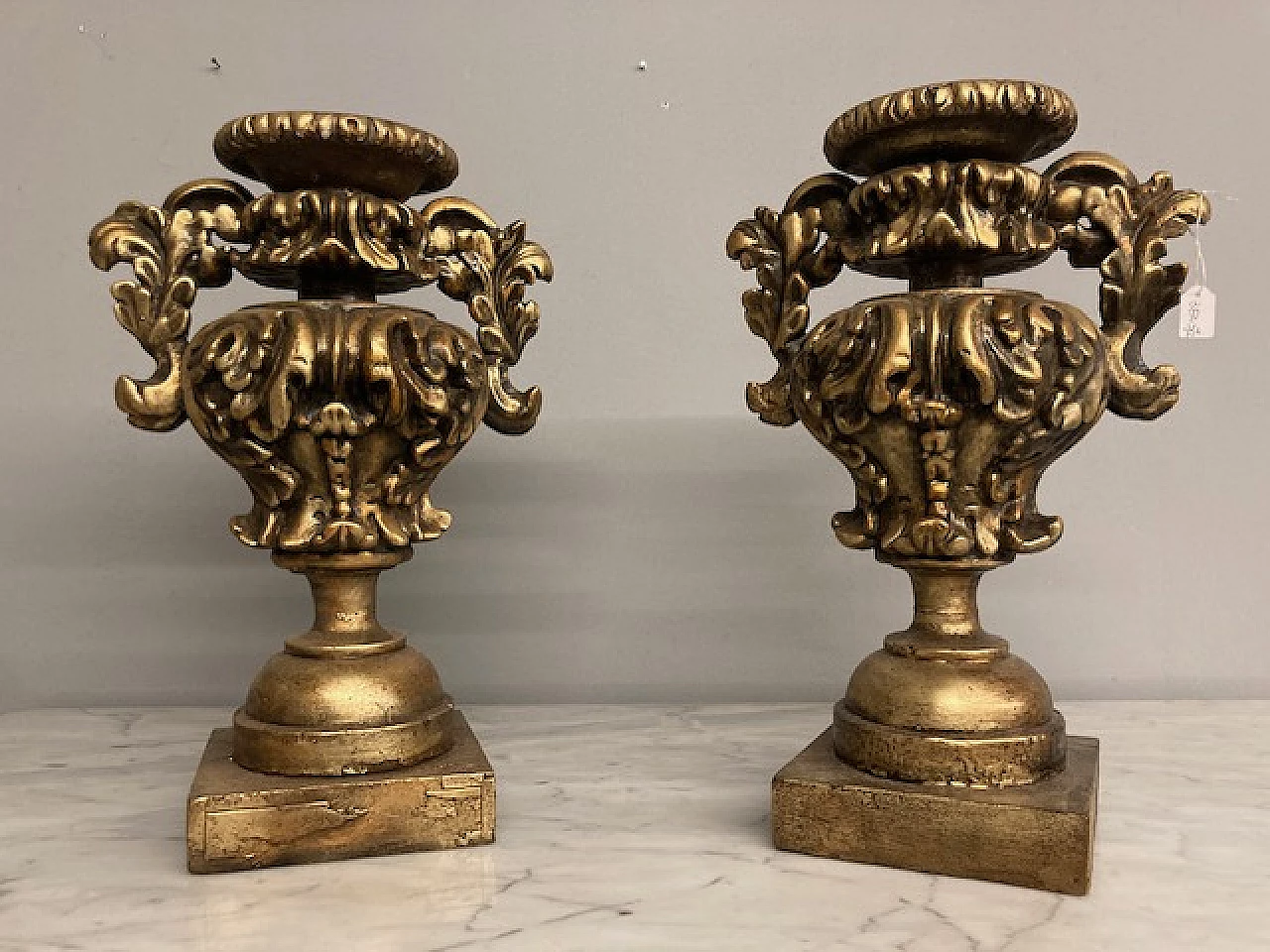 Pair of gilded carved wooden palm vases, 19th century 2