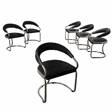 6 Chairs with black fabric upholstery and chrome tubing, 1960s
