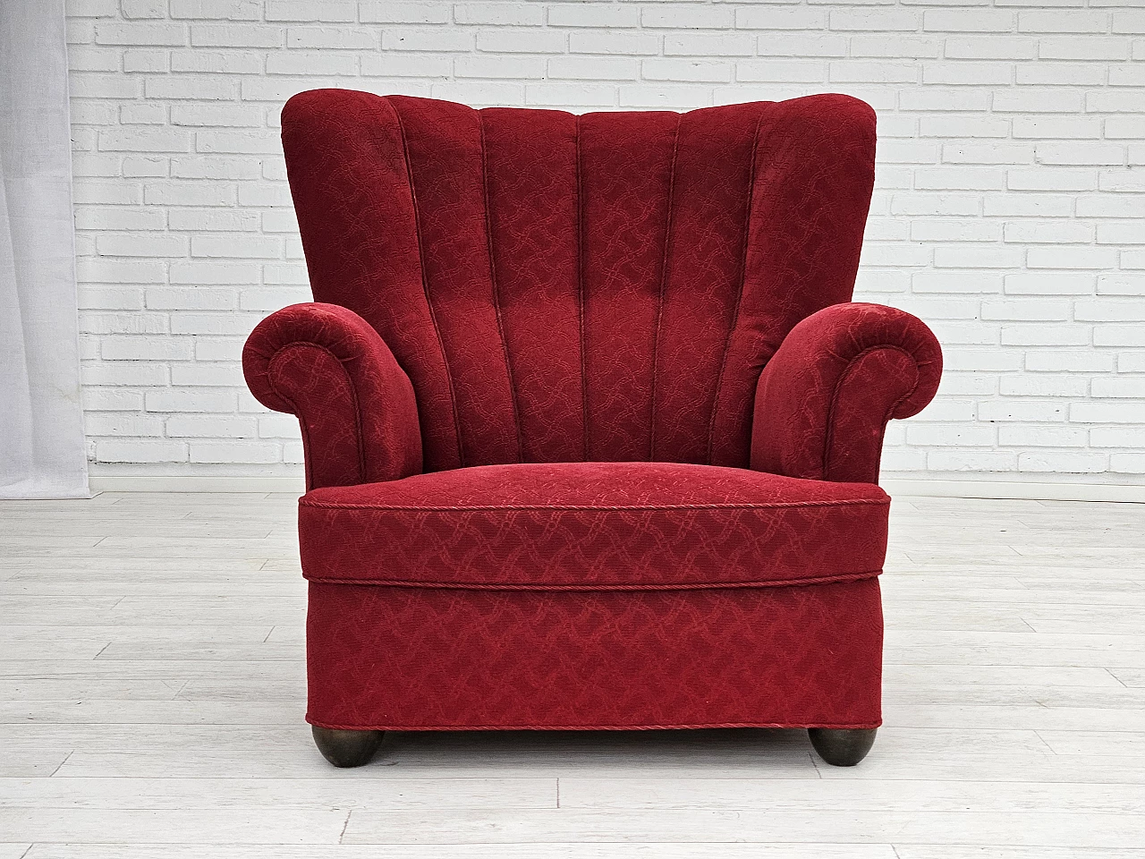 Danish oak armchair in red cotton and wool fabric, 1960s 1