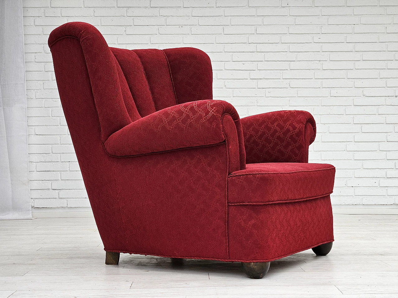 Danish oak armchair in red cotton and wool fabric, 1960s 2