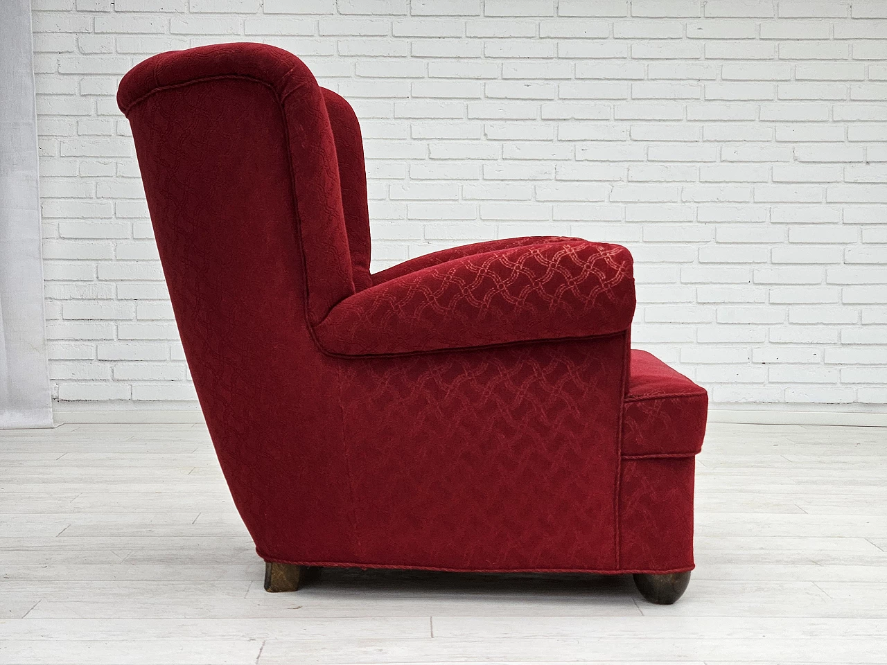 Danish oak armchair in red cotton and wool fabric, 1960s 3