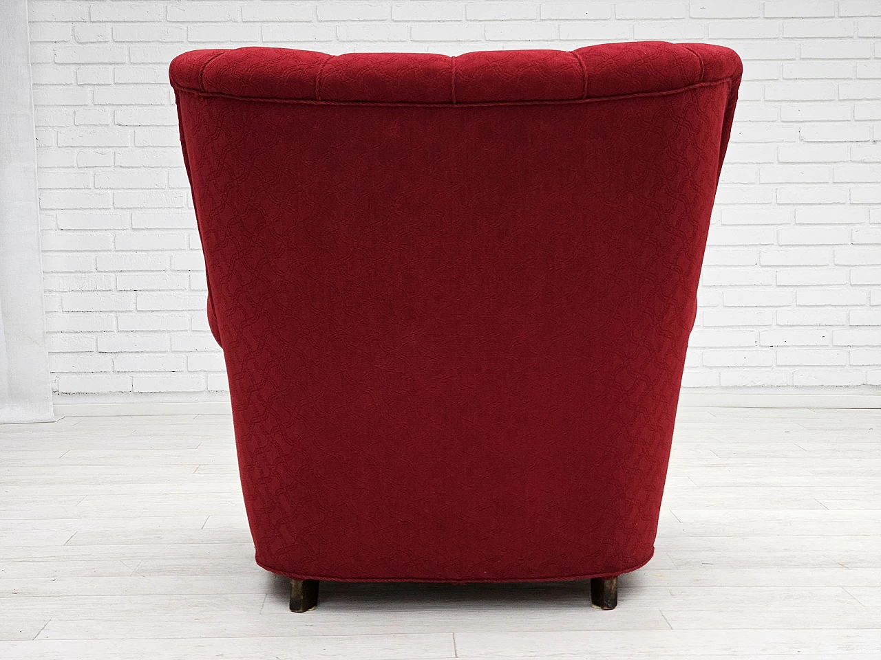 Danish oak armchair in red cotton and wool fabric, 1960s 4