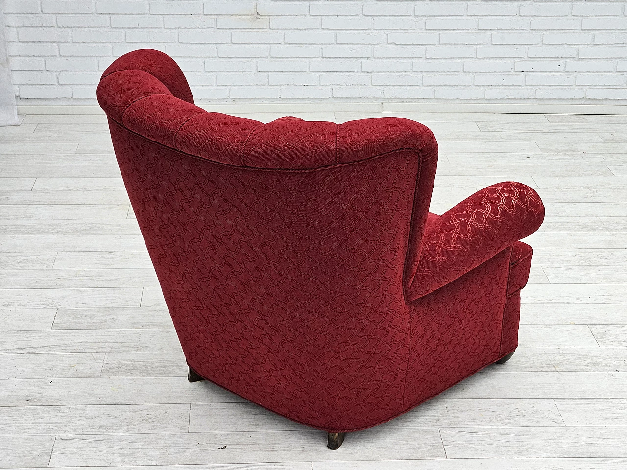 Danish oak armchair in red cotton and wool fabric, 1960s 6