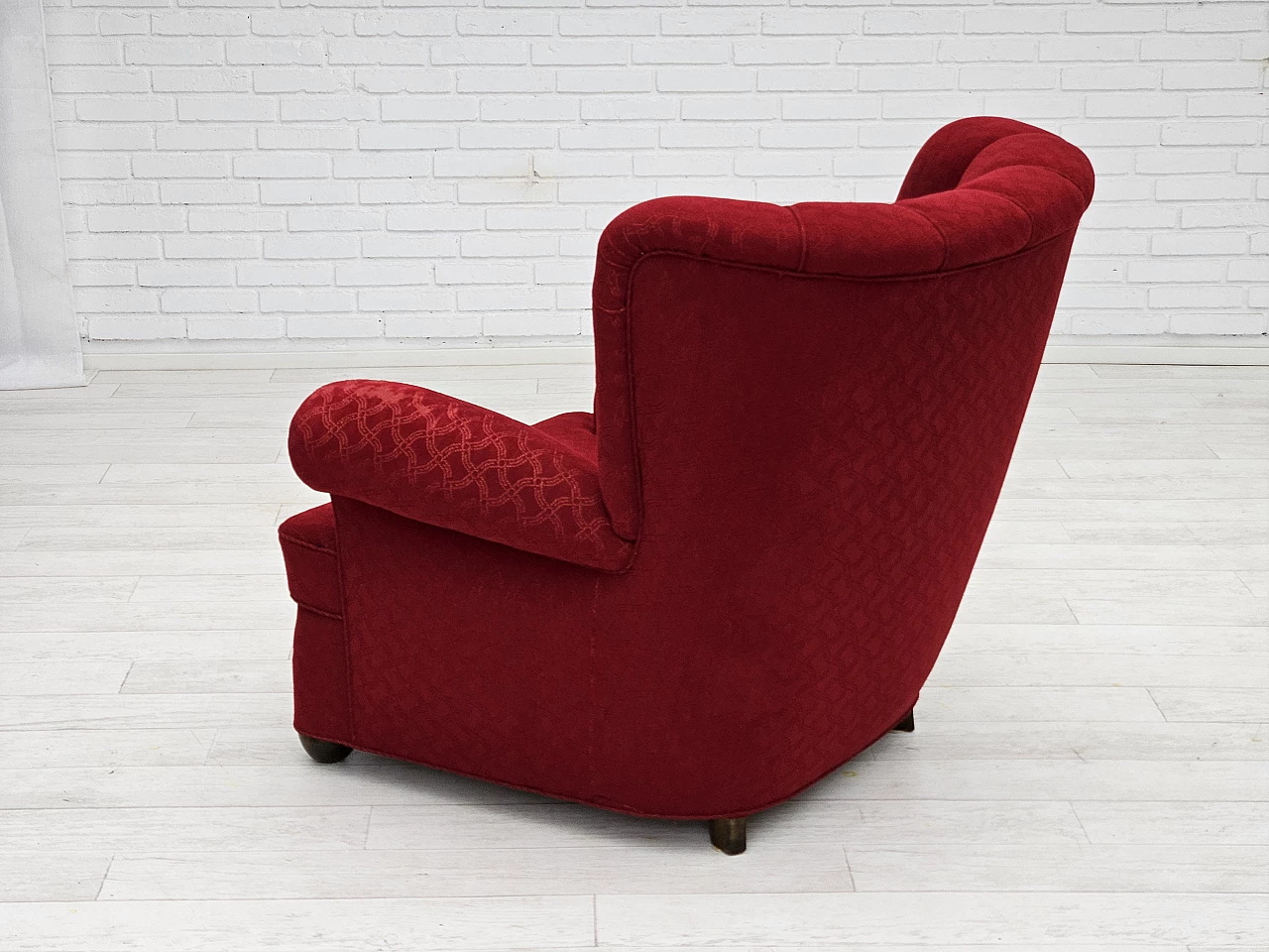 Danish oak armchair in red cotton and wool fabric, 1960s 8