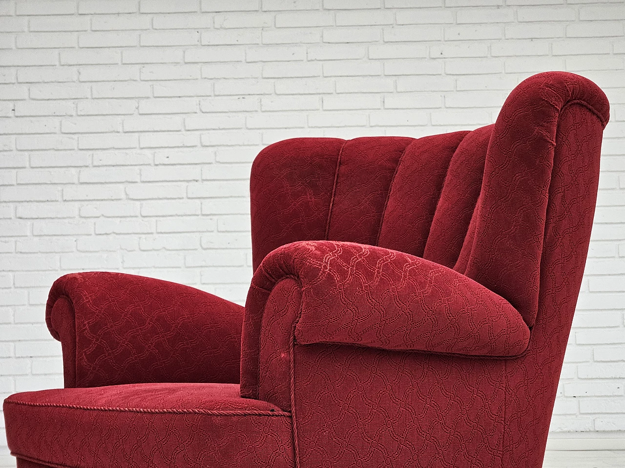 Danish oak armchair in red cotton and wool fabric, 1960s 9