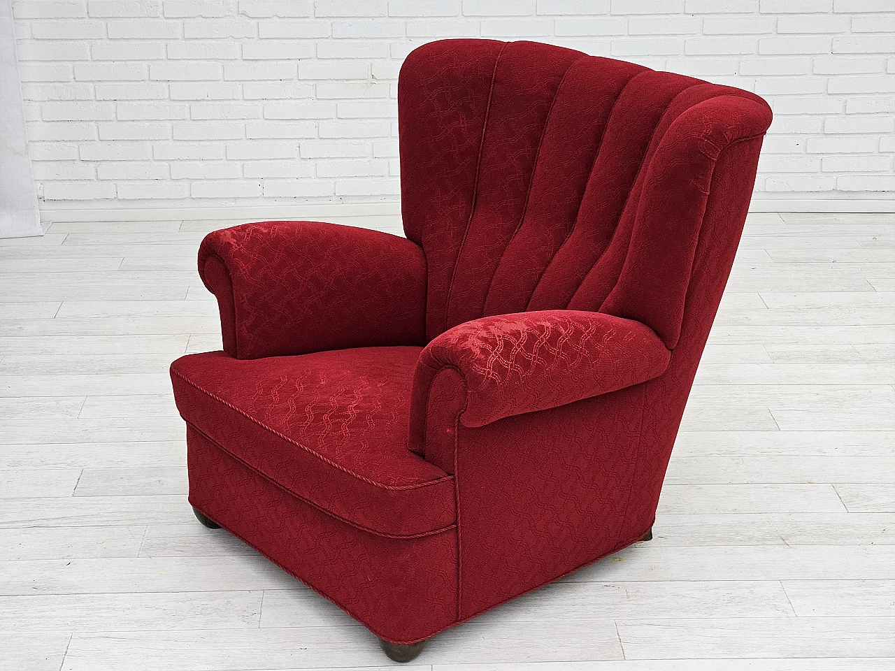 Danish oak armchair in red cotton and wool fabric, 1960s 10