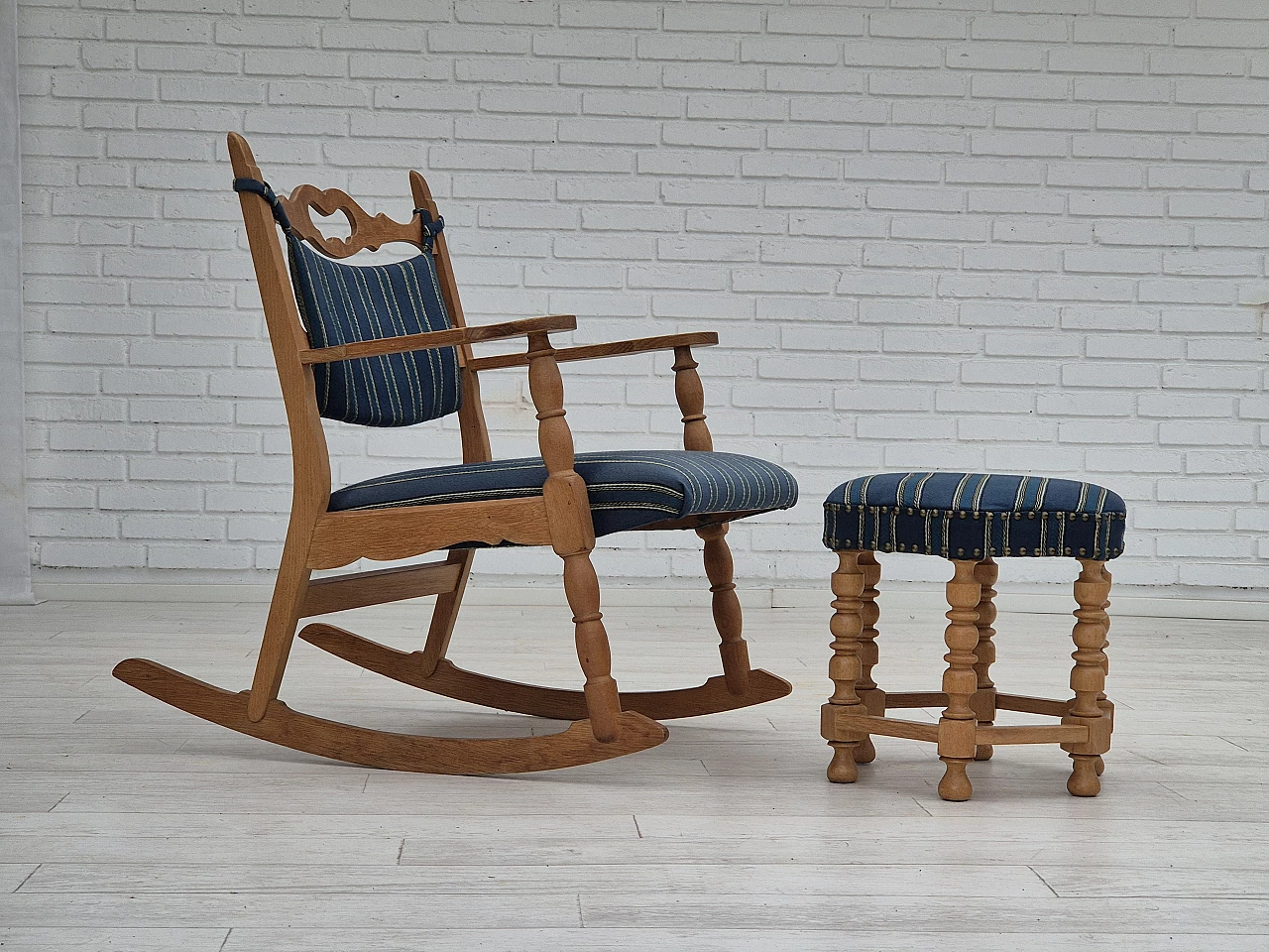 Rocking chair with footrest in oak and blue wool fabric, 1970s 1