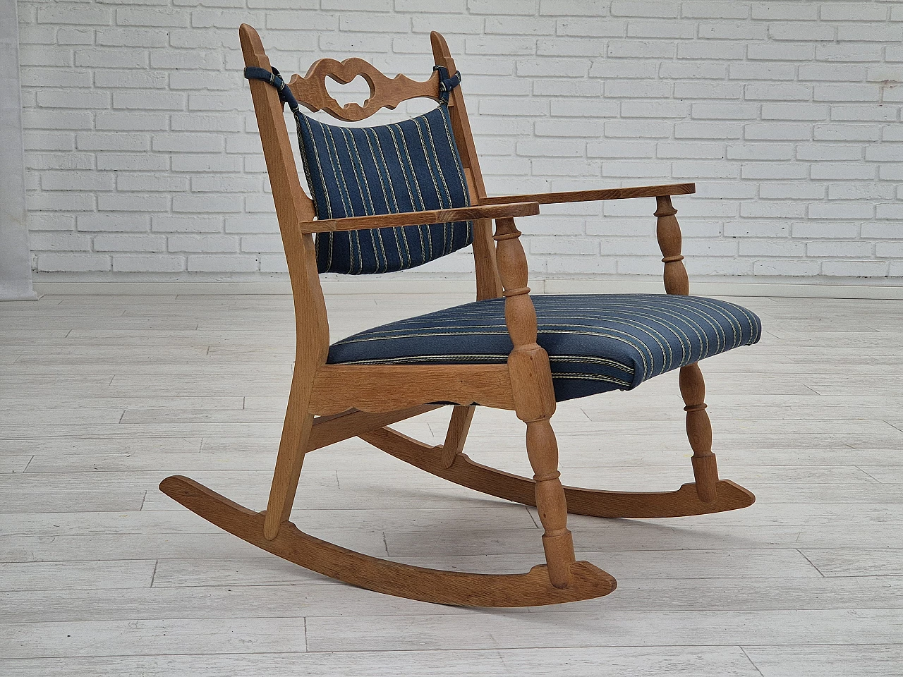 Rocking chair with footrest in oak and blue wool fabric, 1970s 2
