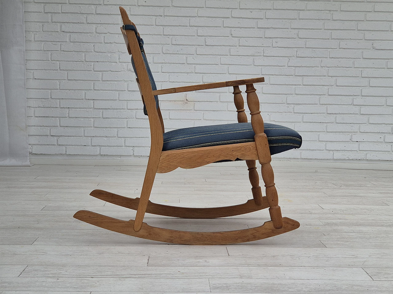 Rocking chair with footrest in oak and blue wool fabric, 1970s 6