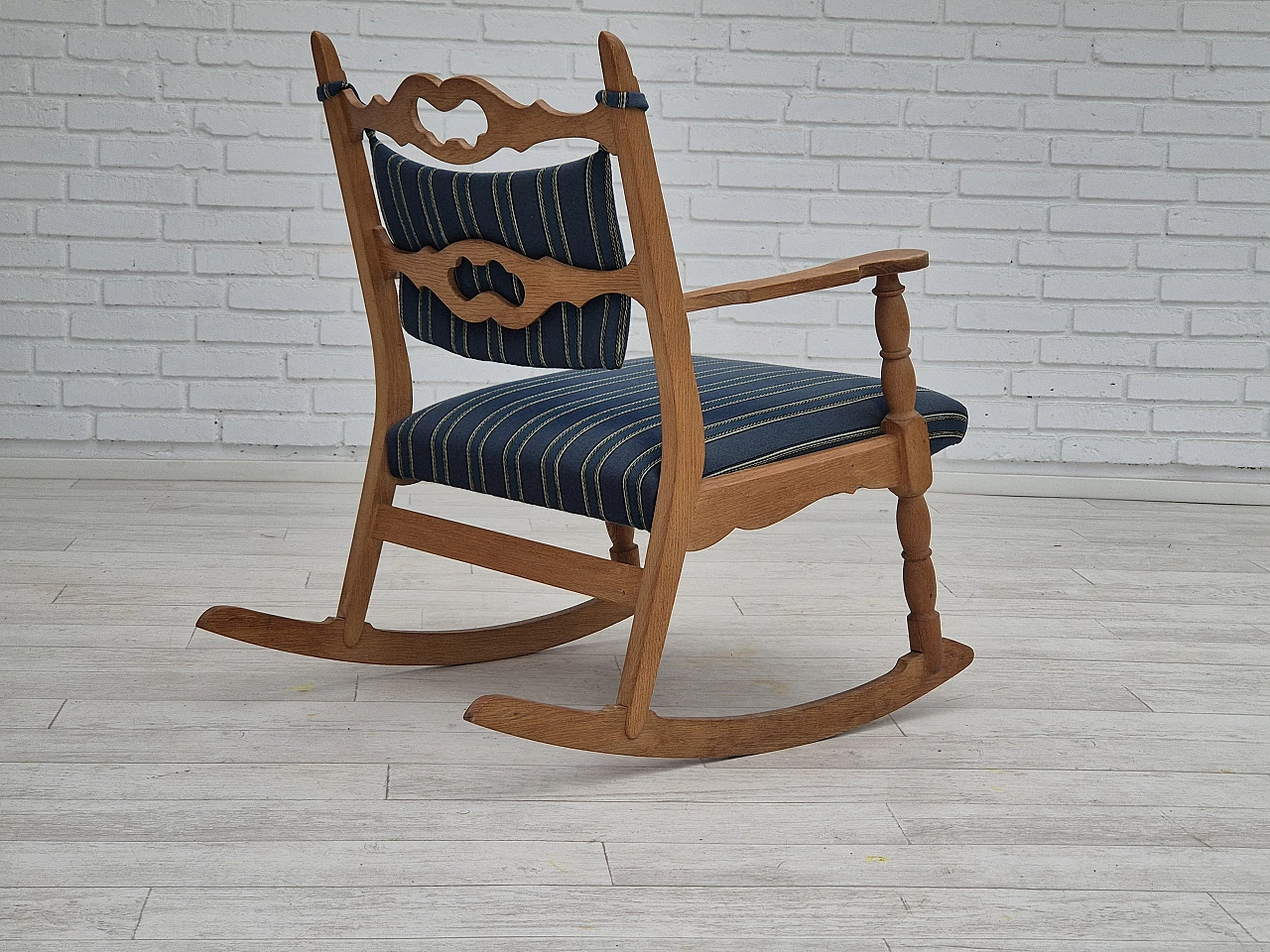 Rocking chair with footrest in oak and blue wool fabric, 1970s 7