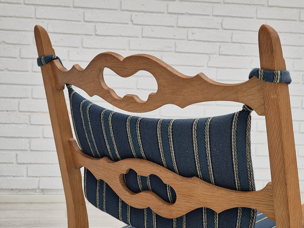 Rocking chair with footrest in oak and blue wool fabric, 1970s 9