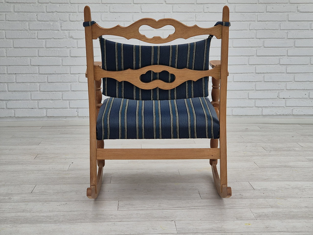 Rocking chair with footrest in oak and blue wool fabric, 1970s 11