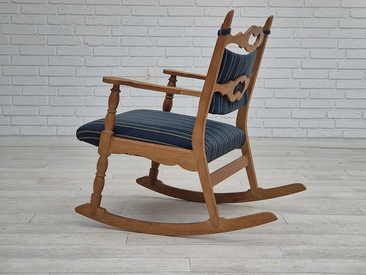 Rocking chair with footrest in oak and blue wool fabric, 1970s 12