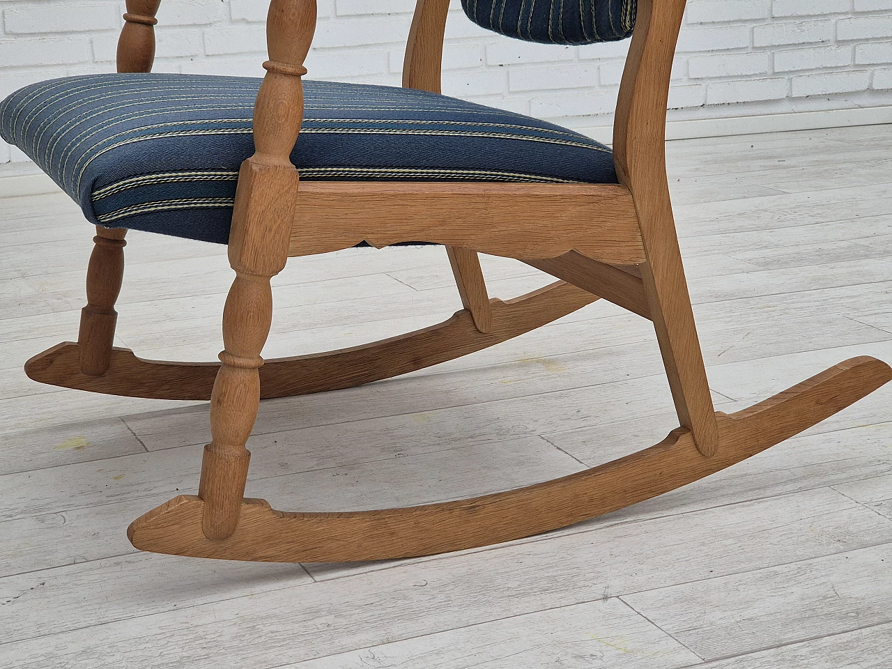 Rocking chair with footrest in oak and blue wool fabric, 1970s 13