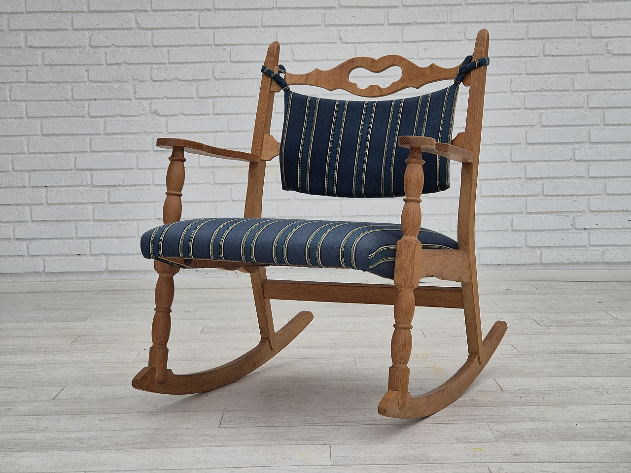 Rocking chair with footrest in oak and blue wool fabric, 1970s 14