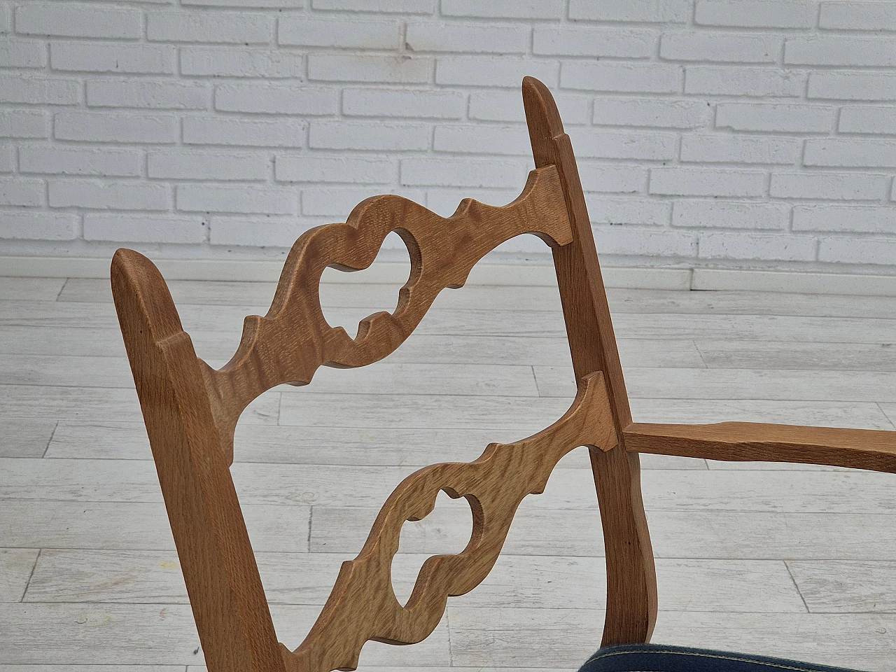 Rocking chair with footrest in oak and blue wool fabric, 1970s 16