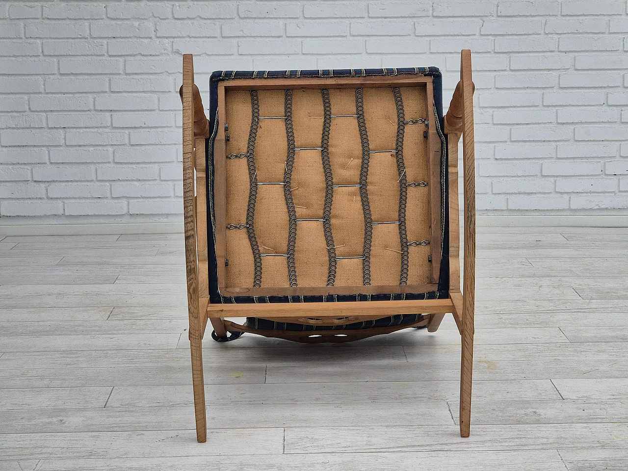 Rocking chair with footrest in oak and blue wool fabric, 1970s 18