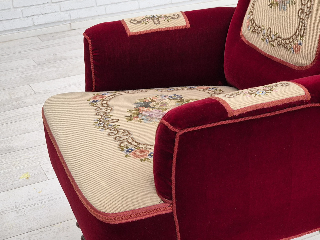 Danish highback armchair with wool patches, 1950s 13