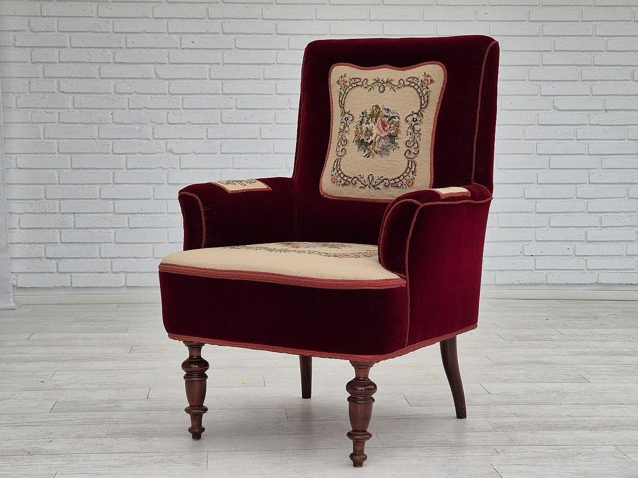 Danish highback armchair with wool patches, 1950s 14