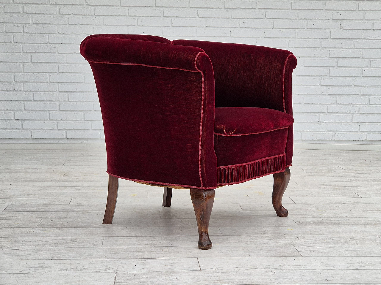Danish armchair in cherry-red velour and beechwood, 1960s 1