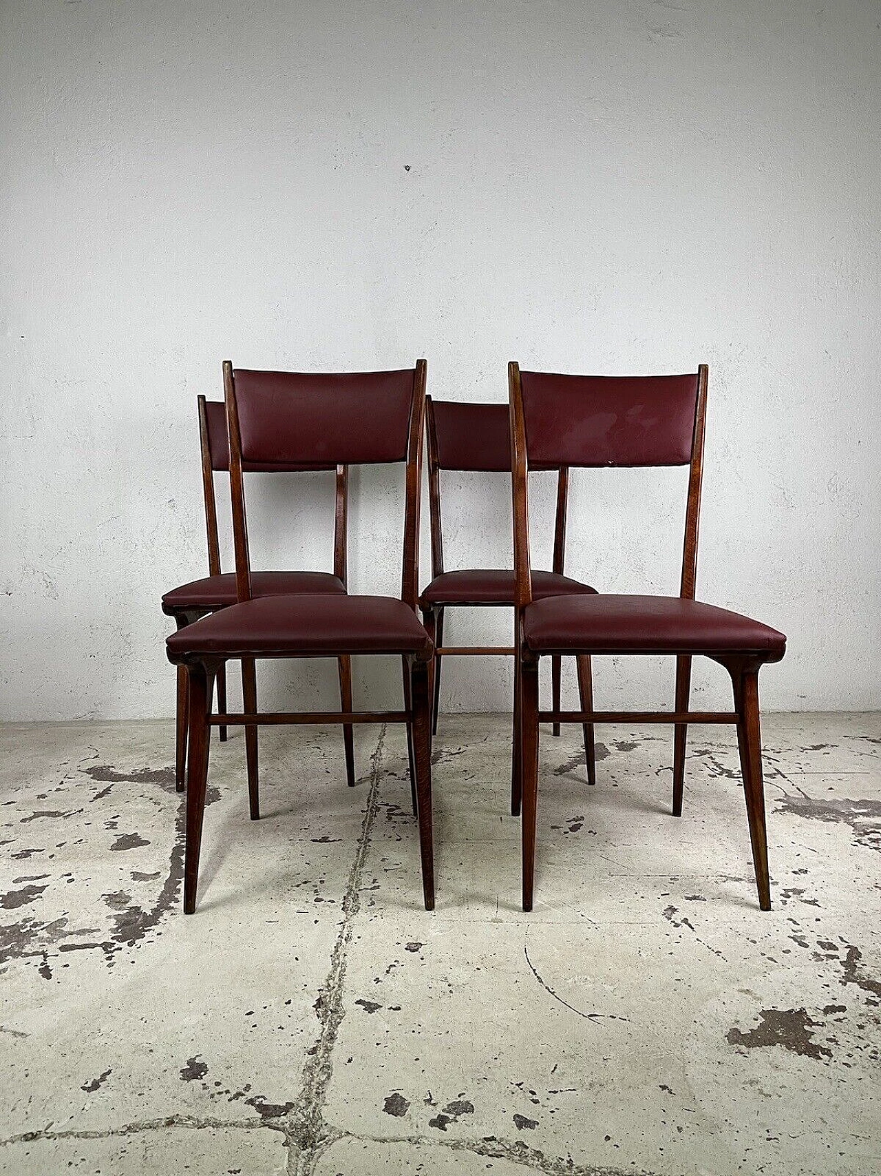 4 Chairs in wood and burgundy leatherette, 1950s 1