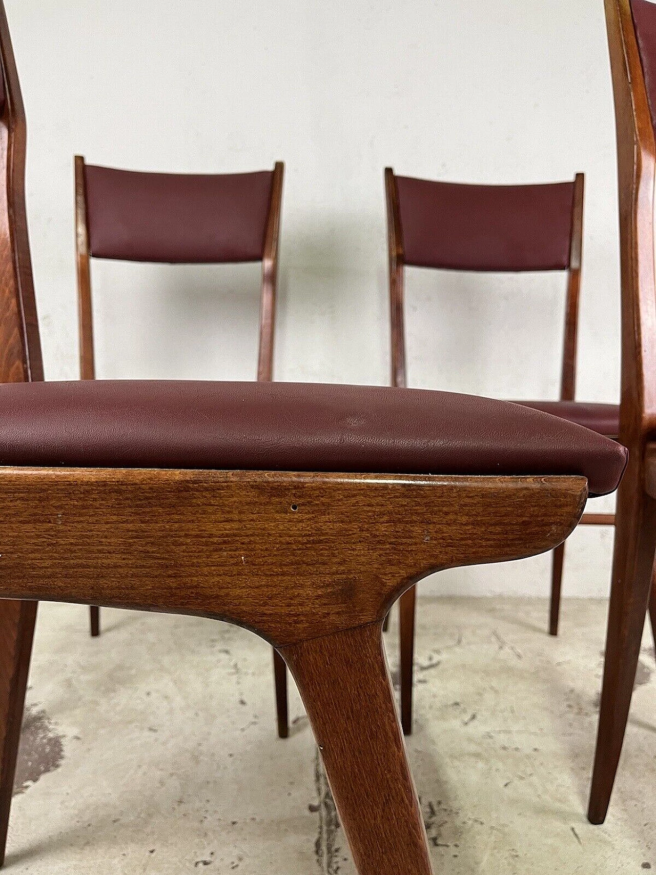 4 Chairs in wood and burgundy leatherette, 1950s 7