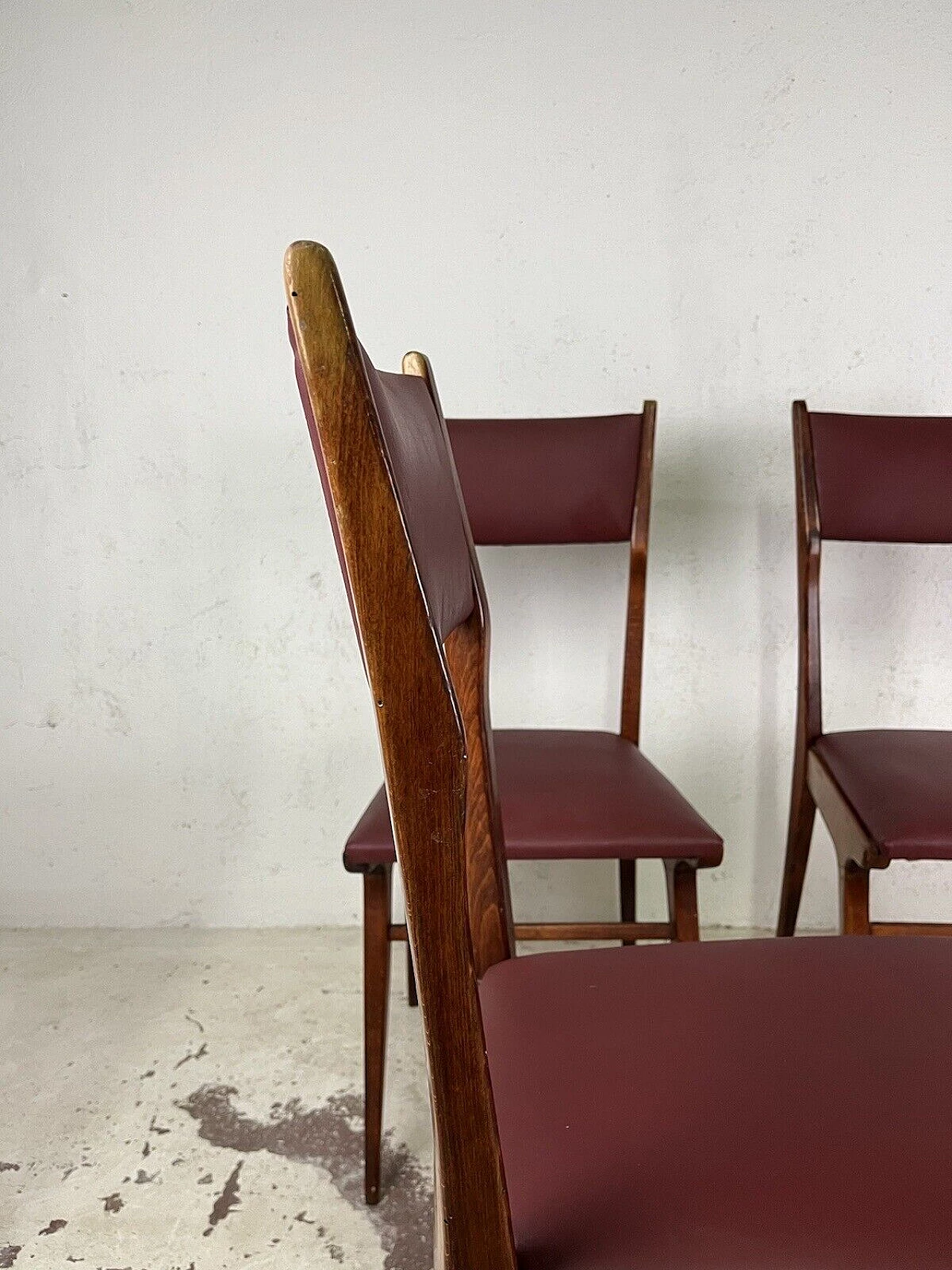 4 Chairs in wood and burgundy leatherette, 1950s 10