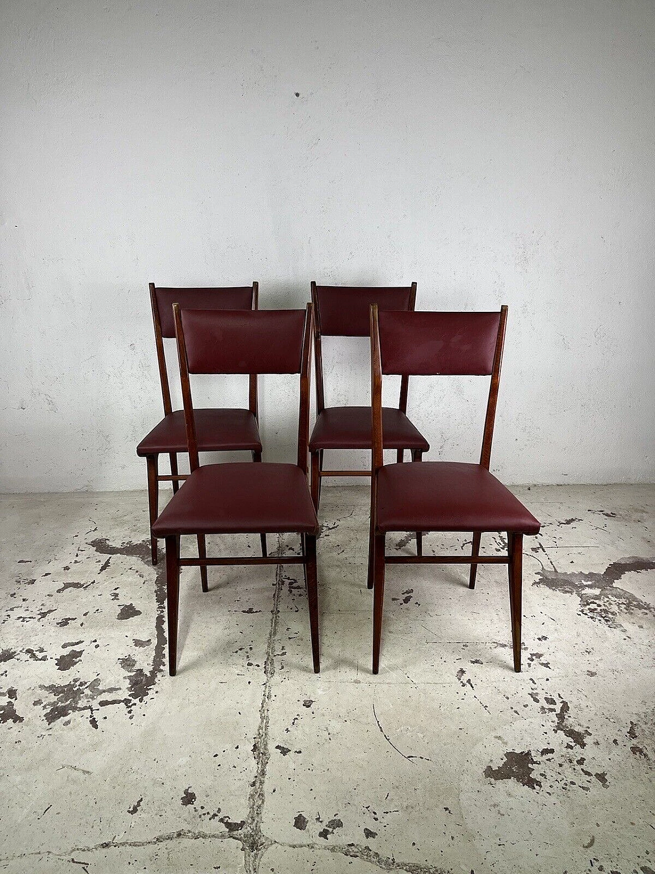 4 Chairs in wood and burgundy leatherette, 1950s 13