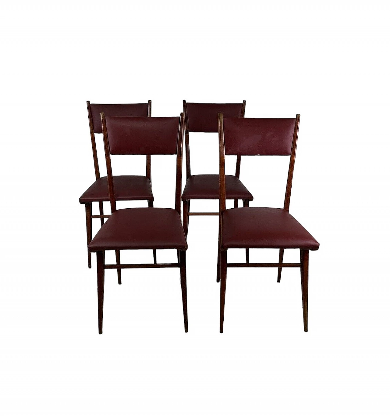 4 Chairs in wood and burgundy leatherette, 1950s 14