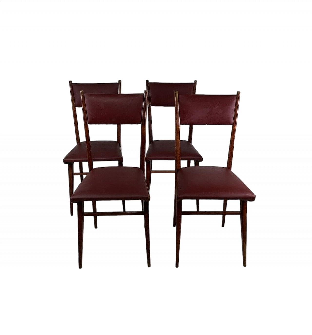 4 Chairs in wood and burgundy leatherette, 1950s 15