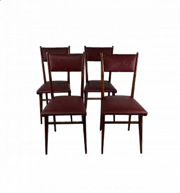 4 Chairs in wood and burgundy leatherette, 1950s