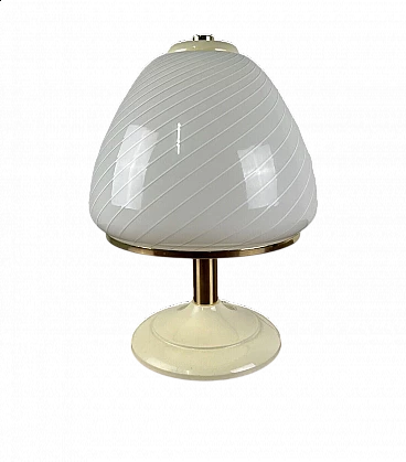 Varnished metal, glass and brass table lamp, 1970s