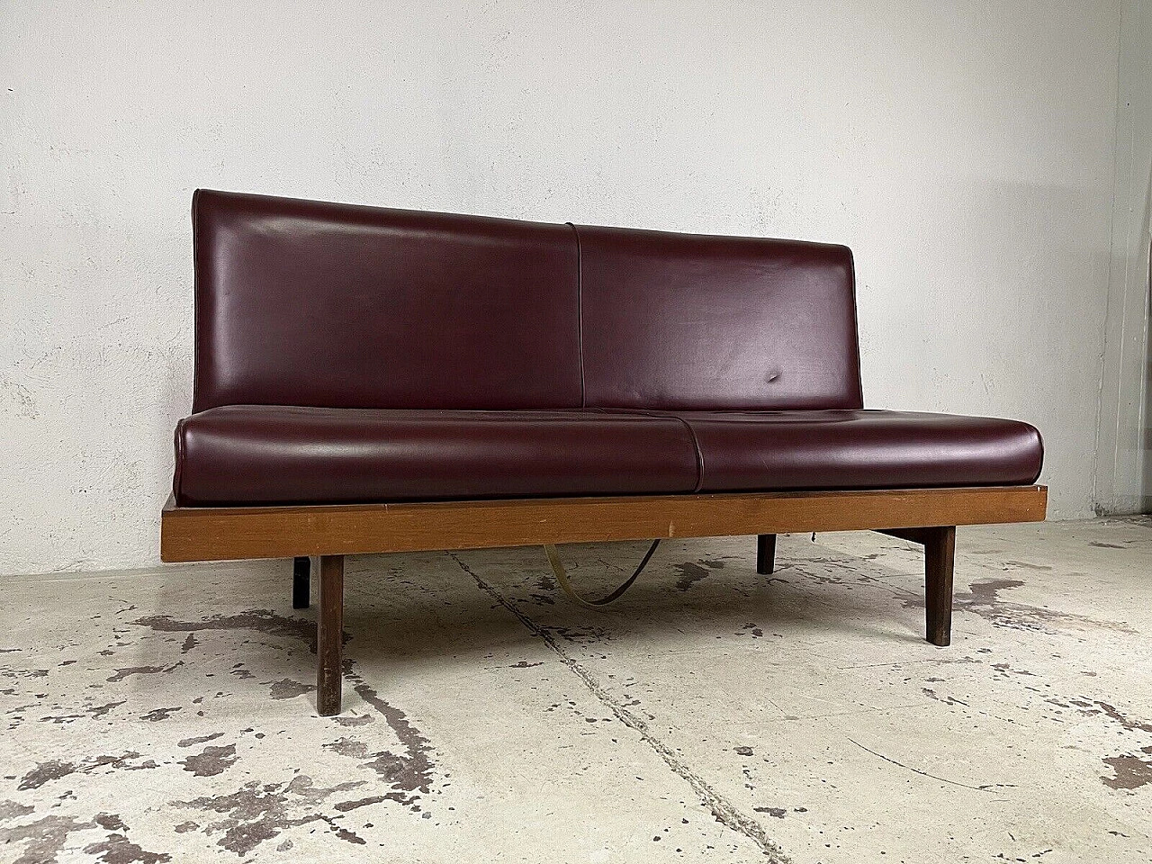 Wood and burgundy leatherette three-seater sofa, 1960s 1