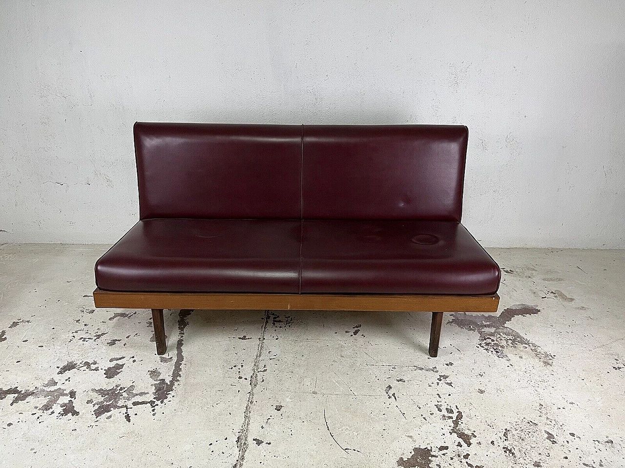 Wood and burgundy leatherette three-seater sofa, 1960s 6