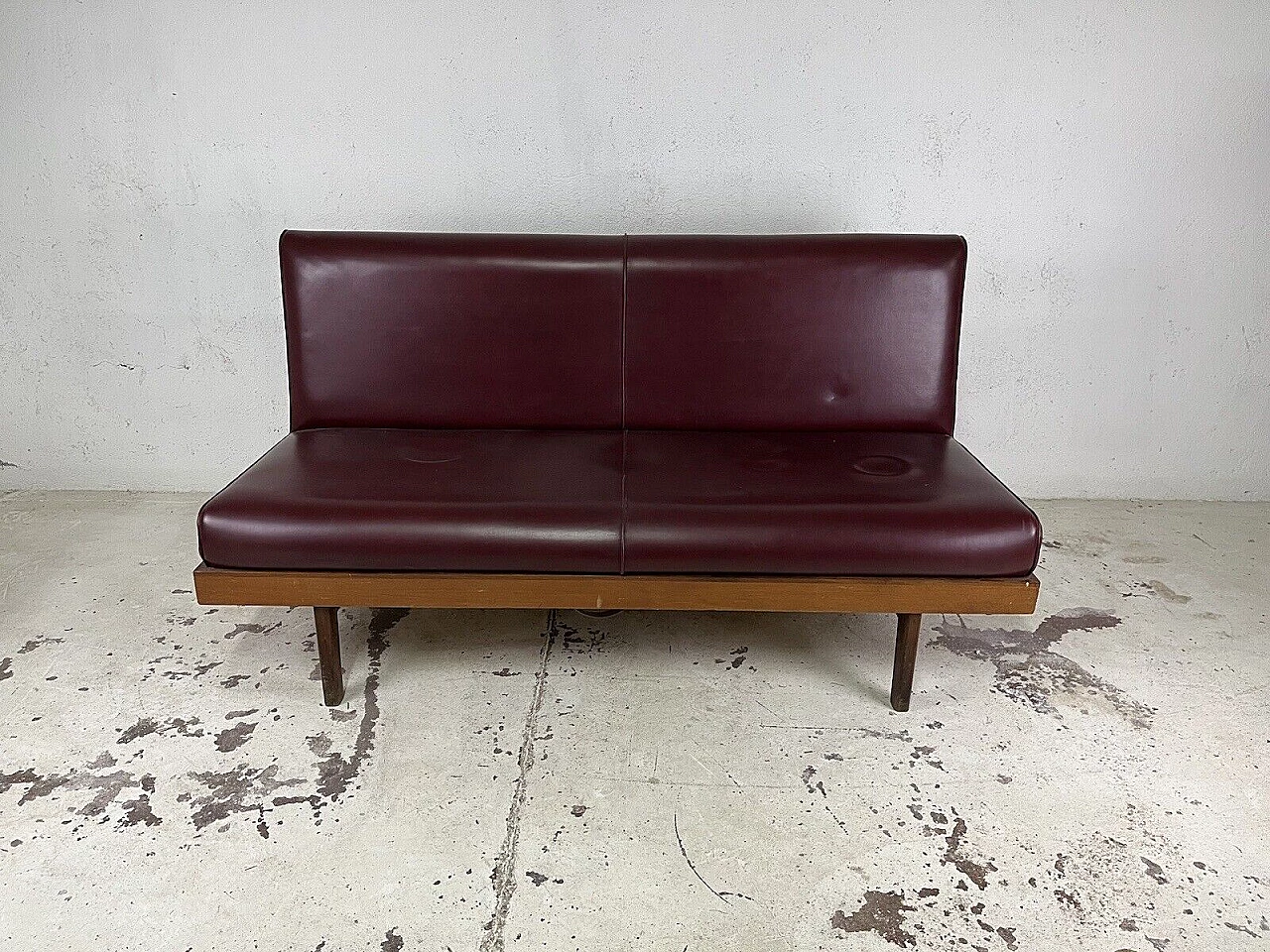 Wood and burgundy leatherette three-seater sofa, 1960s 8