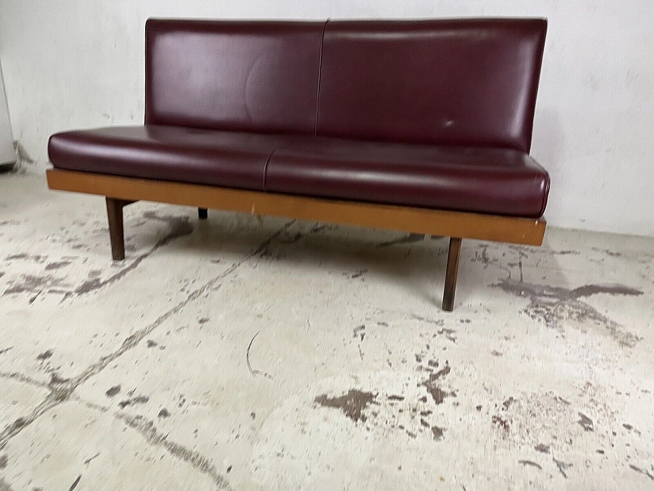 Wood and burgundy leatherette three-seater sofa, 1960s 9