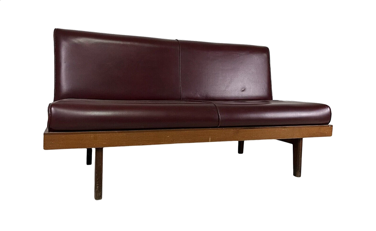 Wood and burgundy leatherette three-seater sofa, 1960s 13