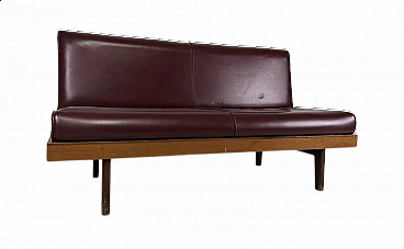 Wood and burgundy leatherette three-seater sofa, 1960s