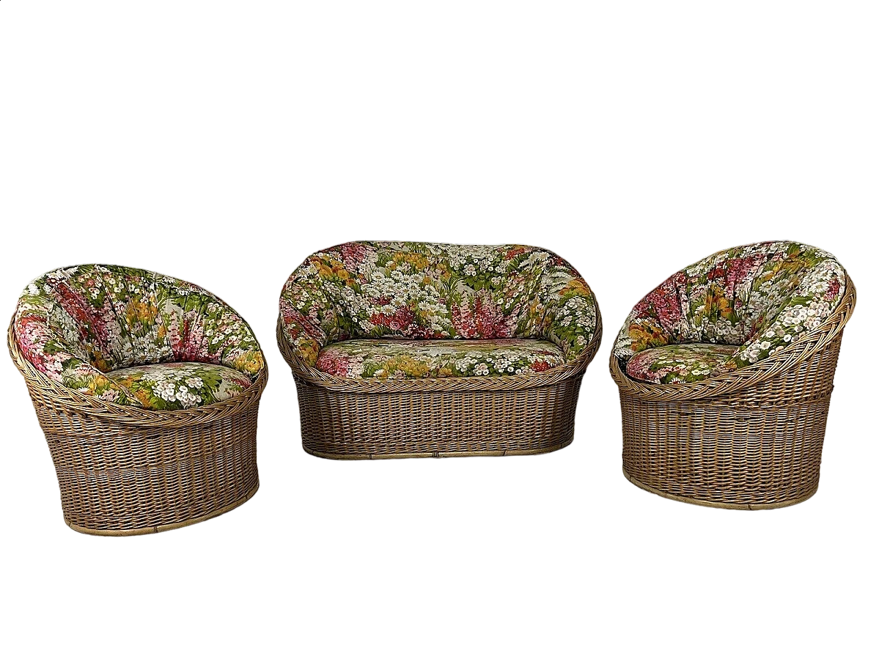 Sofa and pair of armchairs in wicker and floral fabric, 1980s 18