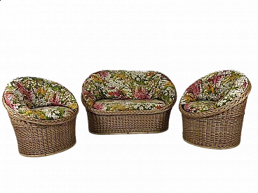 Sofa and pair of armchairs in wicker and floral fabric, 1980s