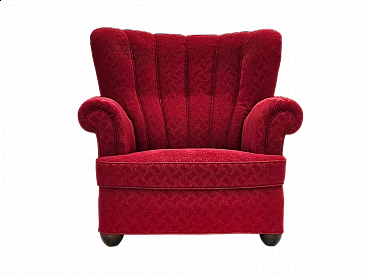 Danish oak armchair in red cotton and wool fabric, 1960s
