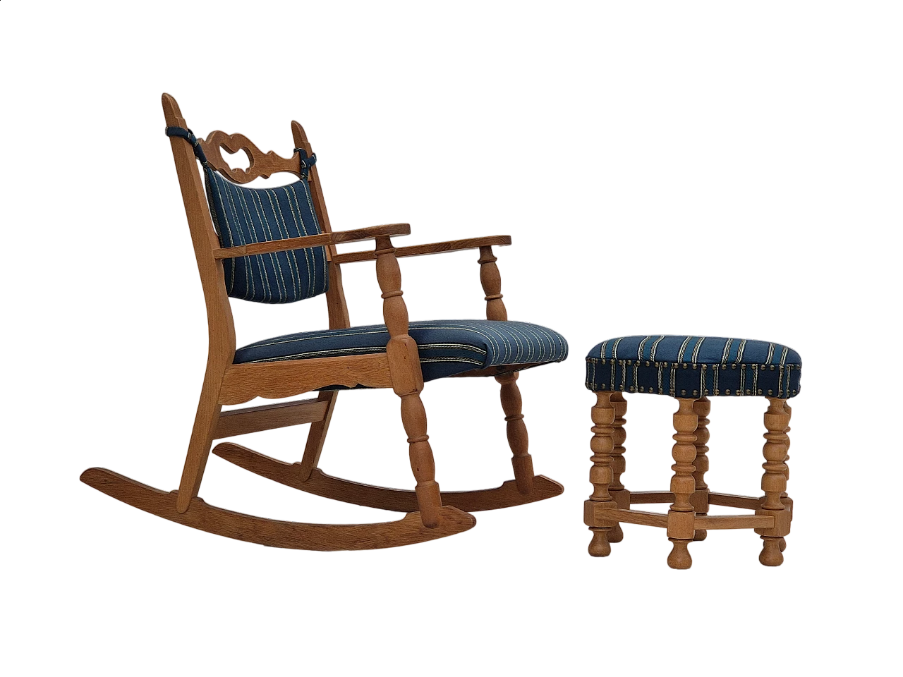 Rocking chair with footrest in oak and blue wool fabric, 1970s 19