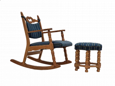 Rocking chair with footrest in oak and blue wool fabric, 1970s