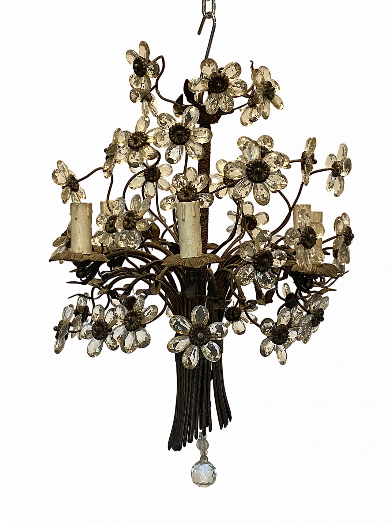 Lampadario a forma di bouquet in bronzo, ottone e vetro, anni '60 13