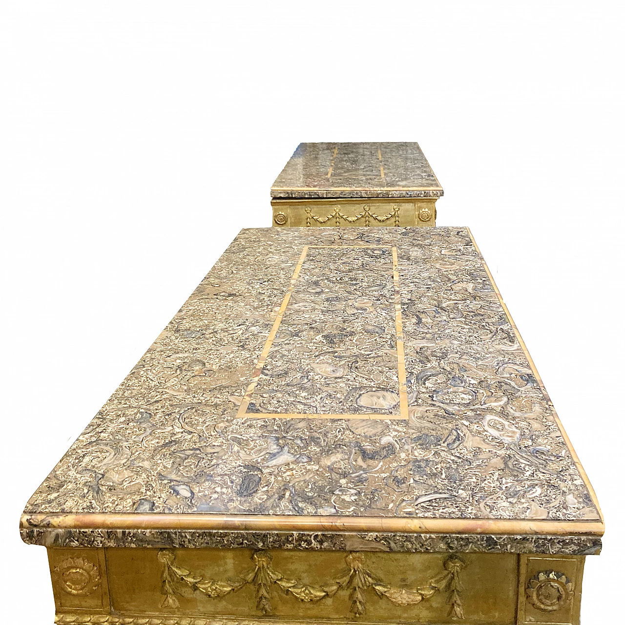Coppia di consolle in legno intagliato con piano in marmo, '700 4