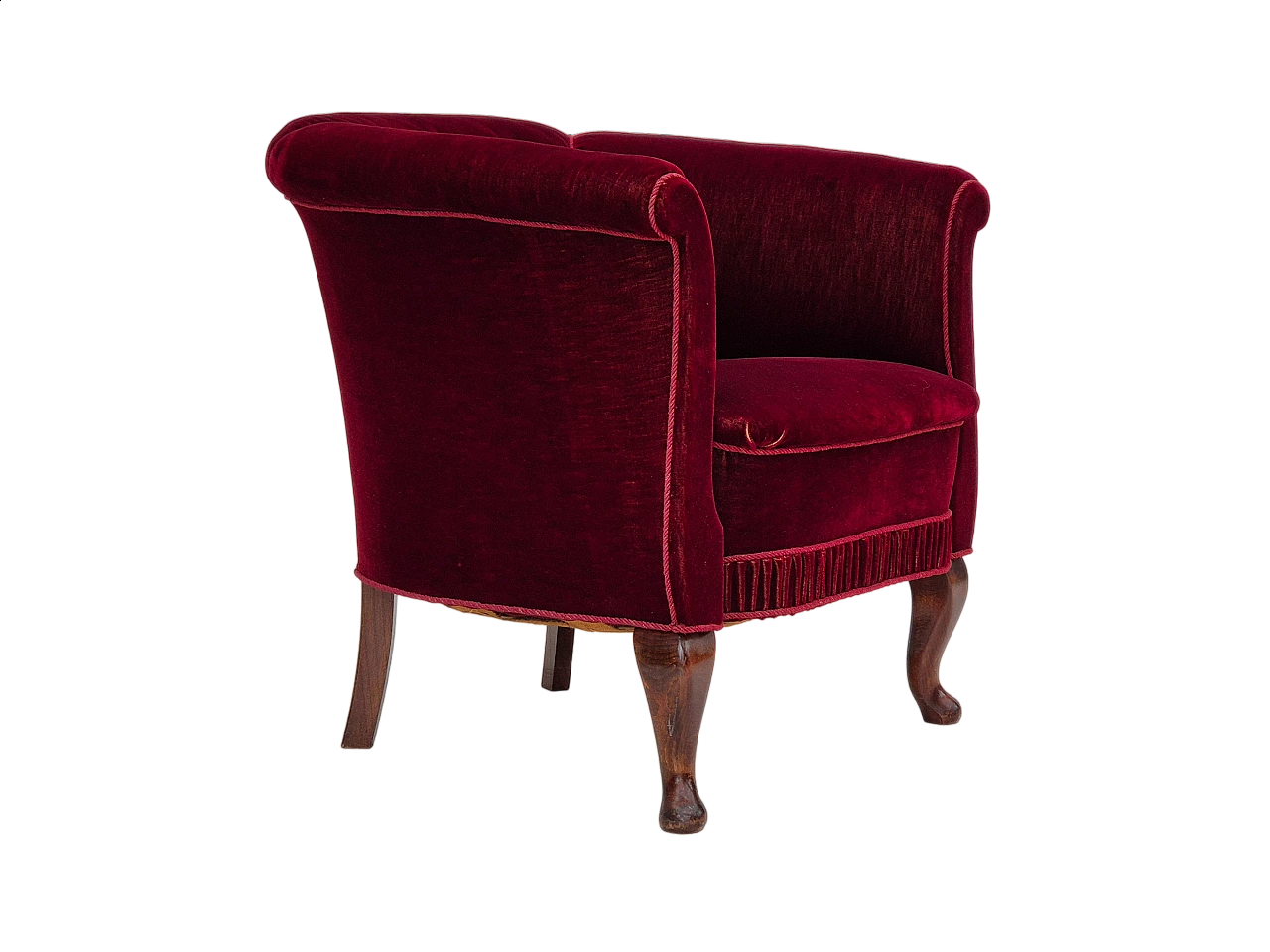Danish armchair in cherry-red velour and beechwood, 1960s 15